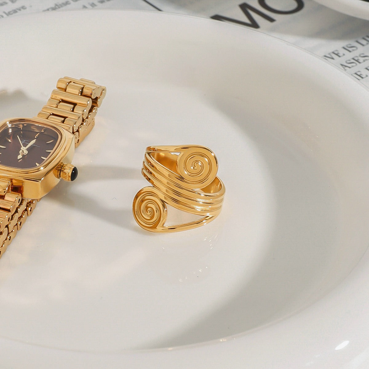18K gold geometric lines with thread design trendy fashion ring