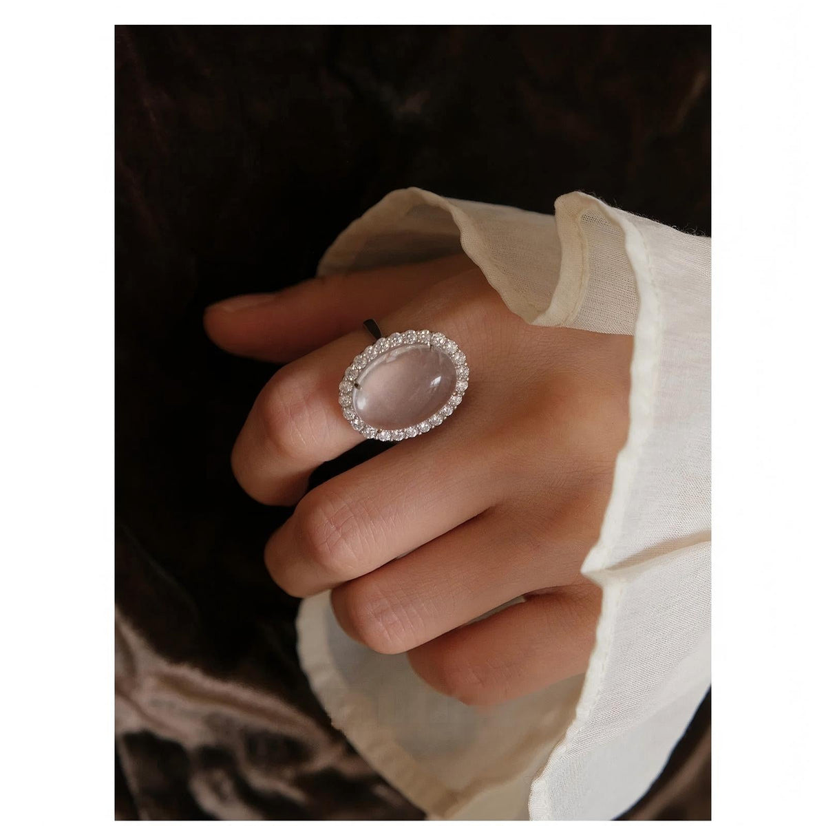 New Niche Design Oval Cabochon White Crystal Ring For Women, Micro Pave Cubic Zirconia, Light Luxury Versatile Commute Open Finger Ring