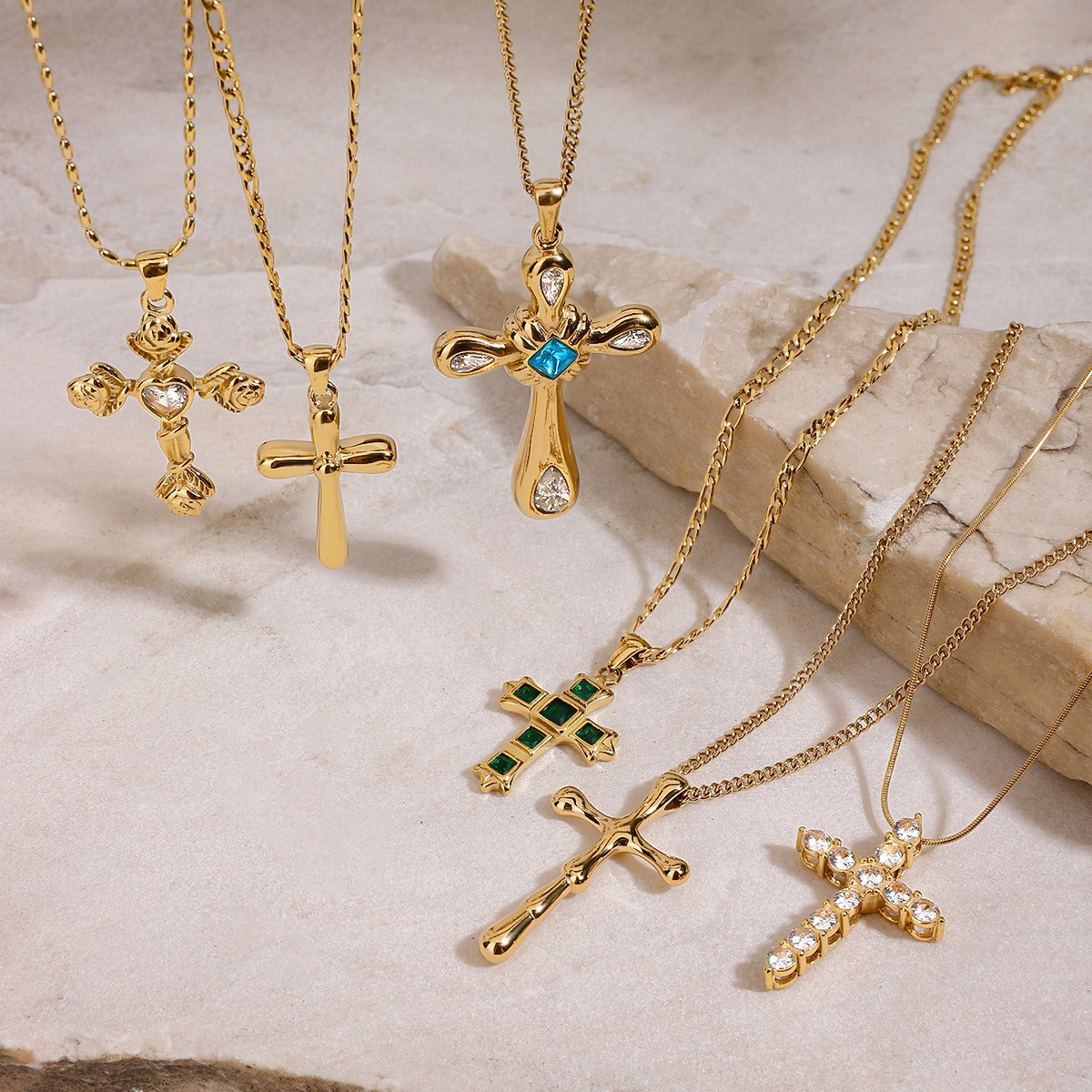 18K gold cross inlaid gemstone design exquisite and noble necklace