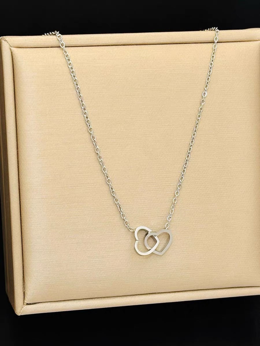 All-Titanium Steel Electroplated 18K Gold Cool Style Heart Double Ring Necklace For Women Niche Design Fashionable And Versatile High-End Sense