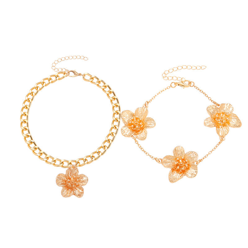 European And American Cross-Border Jewelry Pleated Texture Design Flower Earrings Necklace Bracelet Anklet Ring Bracelet Set For Women