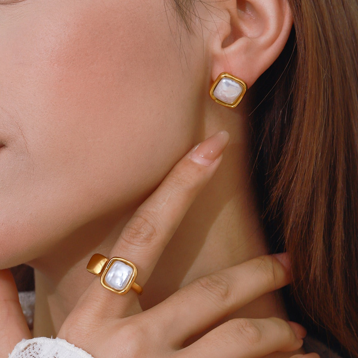 18k gold geometric inlaid pearls exquisite design noble earring ring set