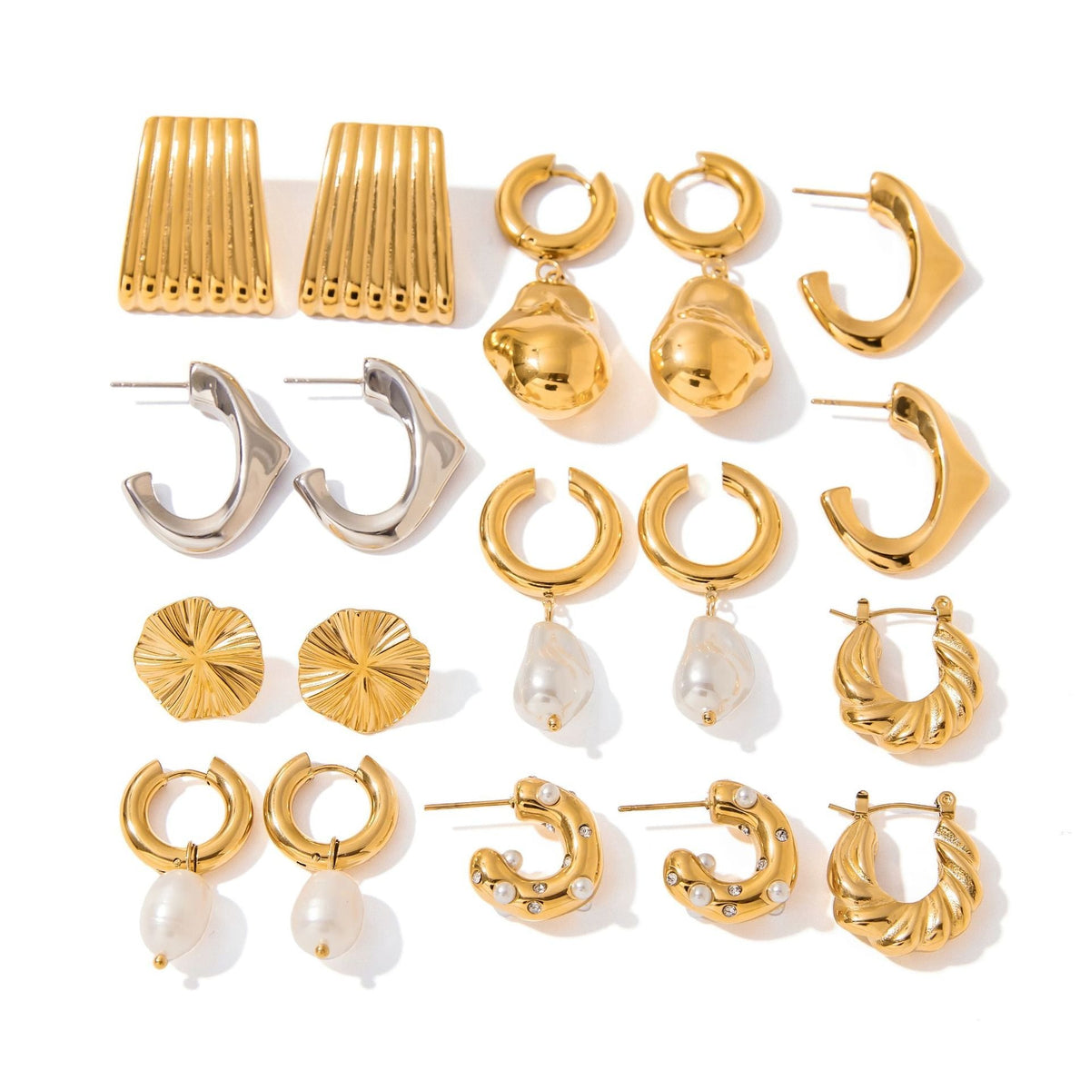 18K gold geometric inlaid pearls exquisite design noble earring necklace set