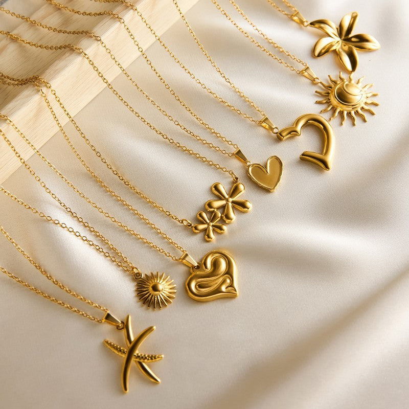 Cross-Border Popular Stainless Steel Necklace With 18K Gold Plated Flower, Sun, Heart, Geometric Lines Pendant, Clavicle Chain Jewelry