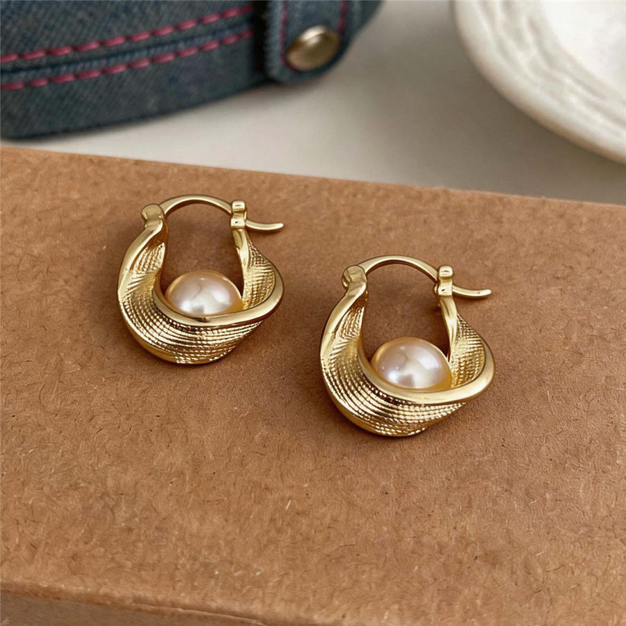 French Cream Style Pearl Silver Half  Huggie Earrings For Women, Elegant Delicate  Style Geometric Circle Ear Jewelry