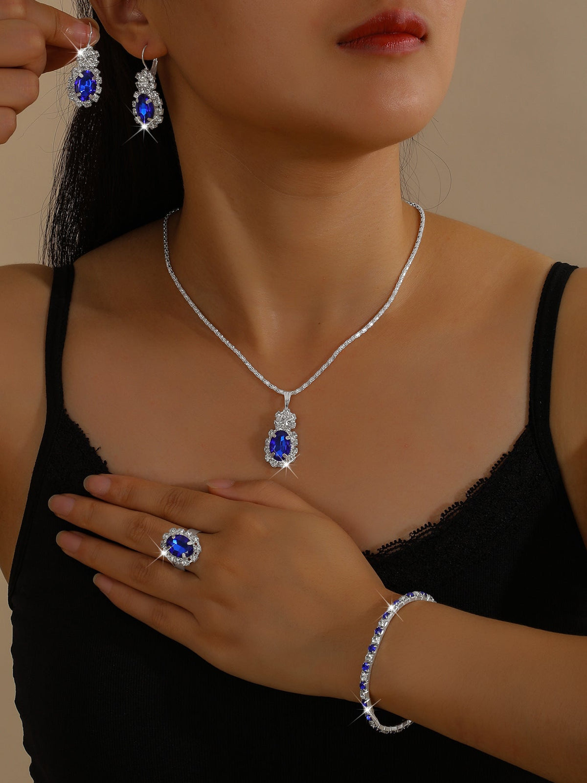 European And American Wholesale Four-Piece Set Of Diamond-Encrusted New Heart-Shaped Water Drop Rhinestone Necklace Earrings Ring Four-Piece Set For Women Cross-Border