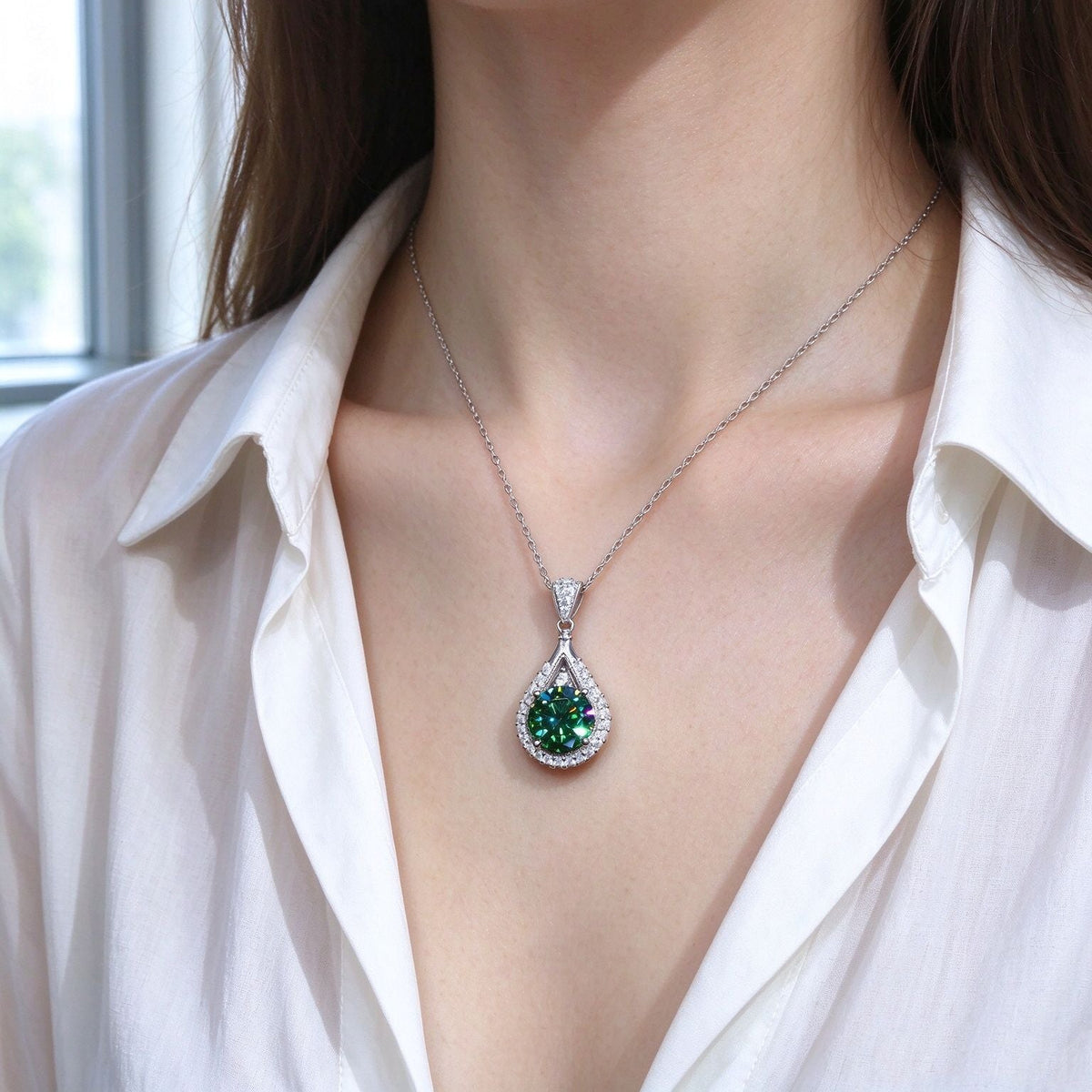Light Luxury Pear Shape Green Gem Pendant Necklace For Women, Double Layer Halo Inlaid Zircon Clavicle Chain, Banquet Dress Jewelry