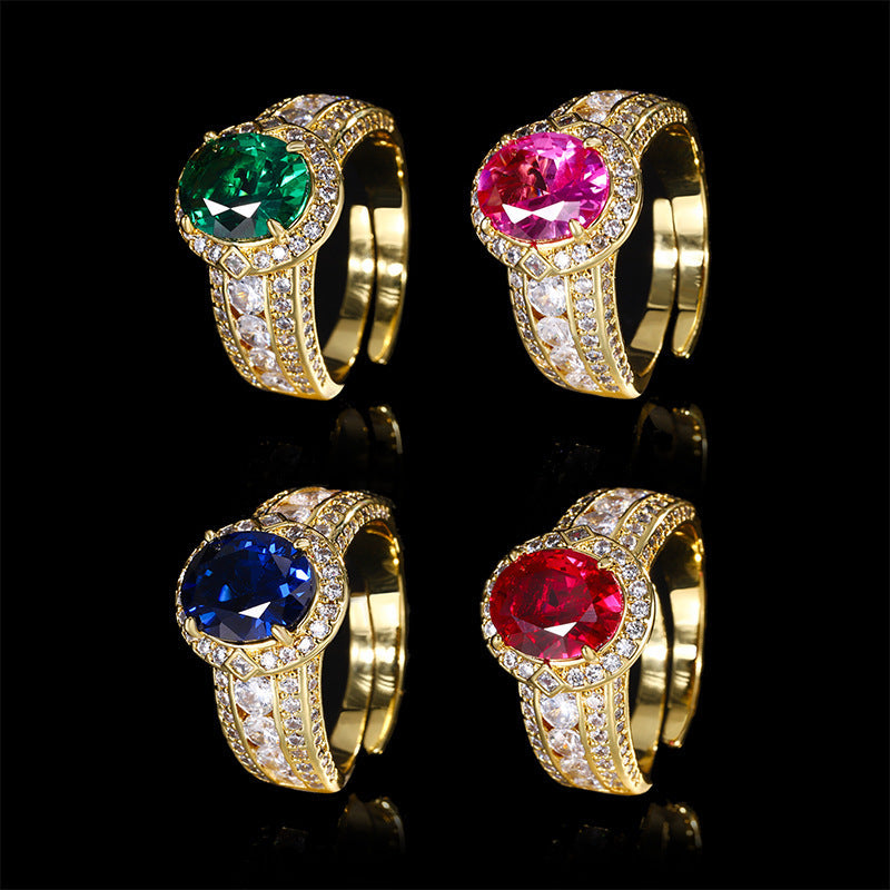 Luxury Vintage Royal Round Cut Colorful Gemstone Ring 18K Gold Plated Micro Pave Crystal Baroque Statement Rings For Women
