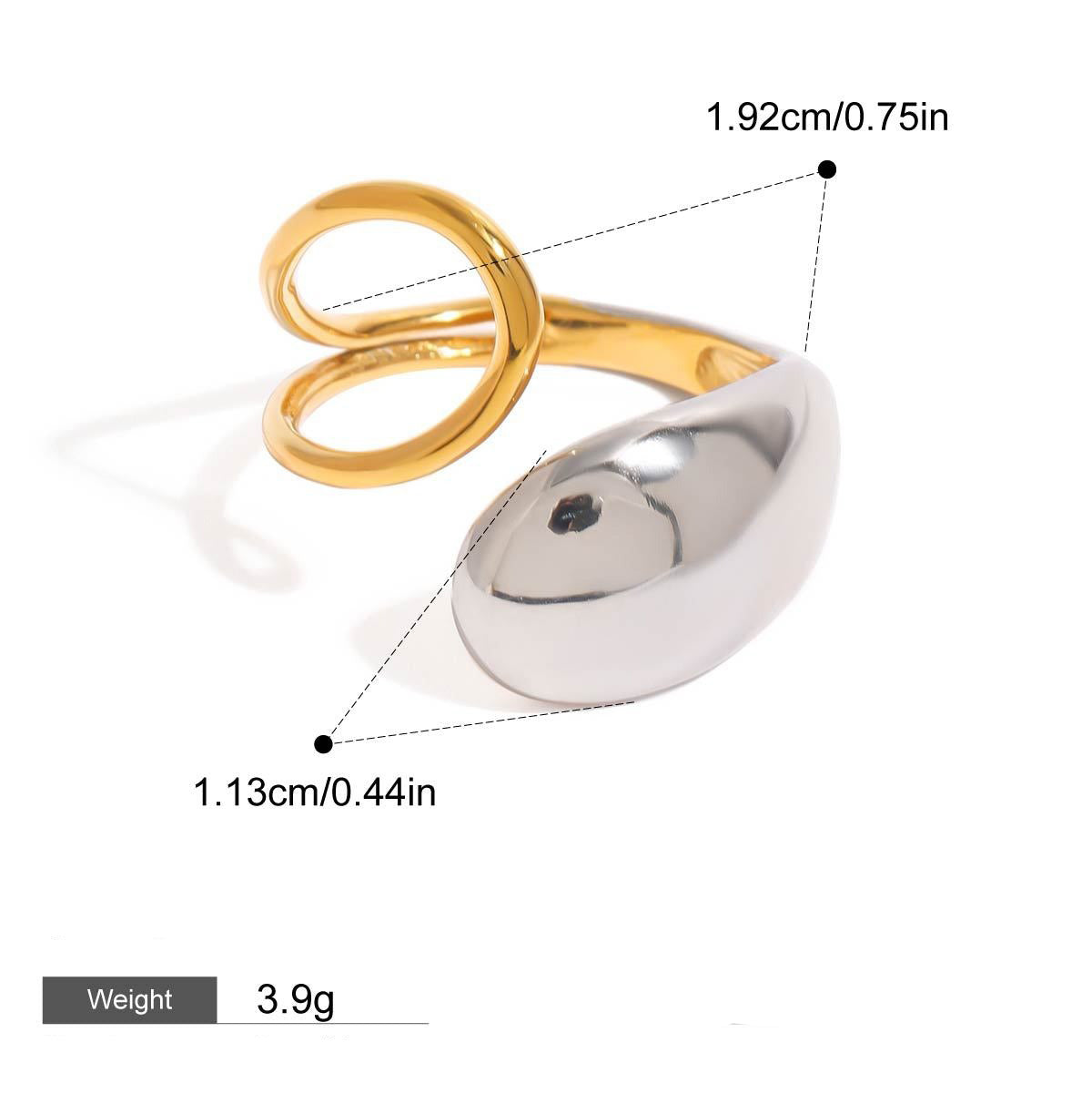 18K gold teardrop pattern with gold and silver color matching design fashionable personality ring