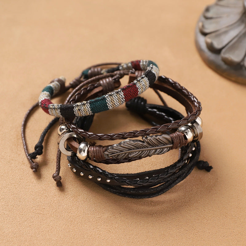 Handmade Bohemian Exotic Style Bracelet Retro Ethnic Style Men's And Women's Woven Multi-layer Stacked Bracelet Niche Hand Rope