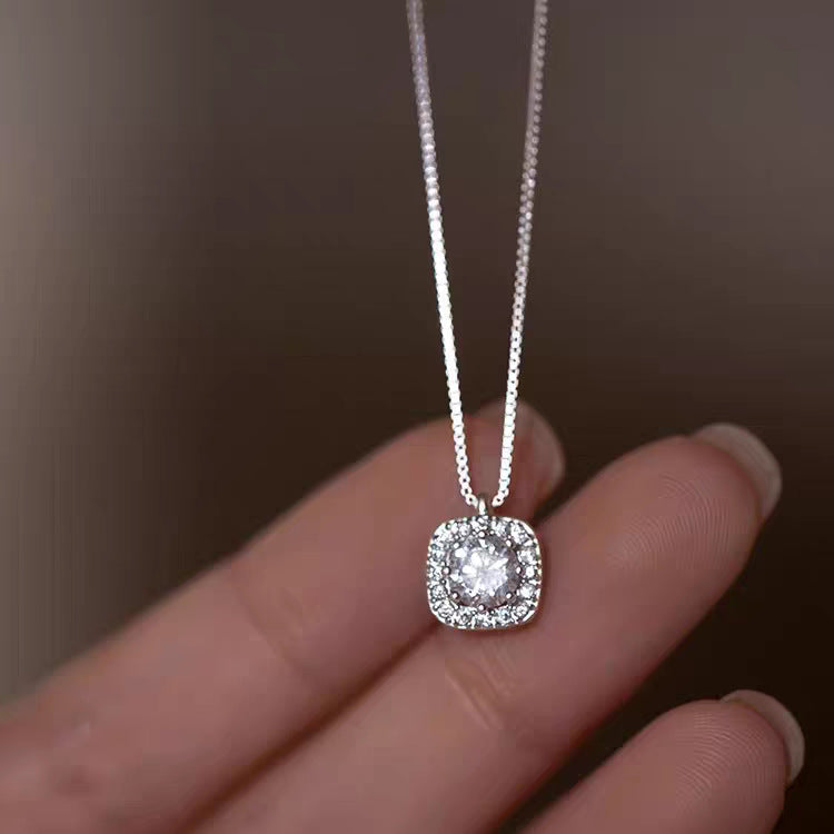 925 Sterling Silver Square Diamond Necklace 2025 New Fashion Hot-Selling Clavicle Chain Exquisite Light Luxury Women's Niche Design