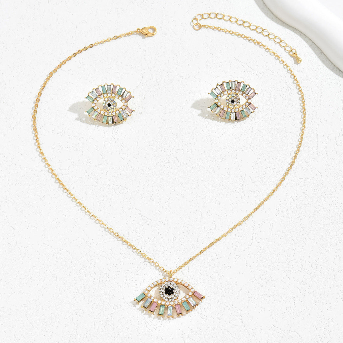 Ins Hip-hop Simple Style Necklace Earrings Women's Distinctive Angel Eye Design Diamond Earrings All-match Long Necklace
