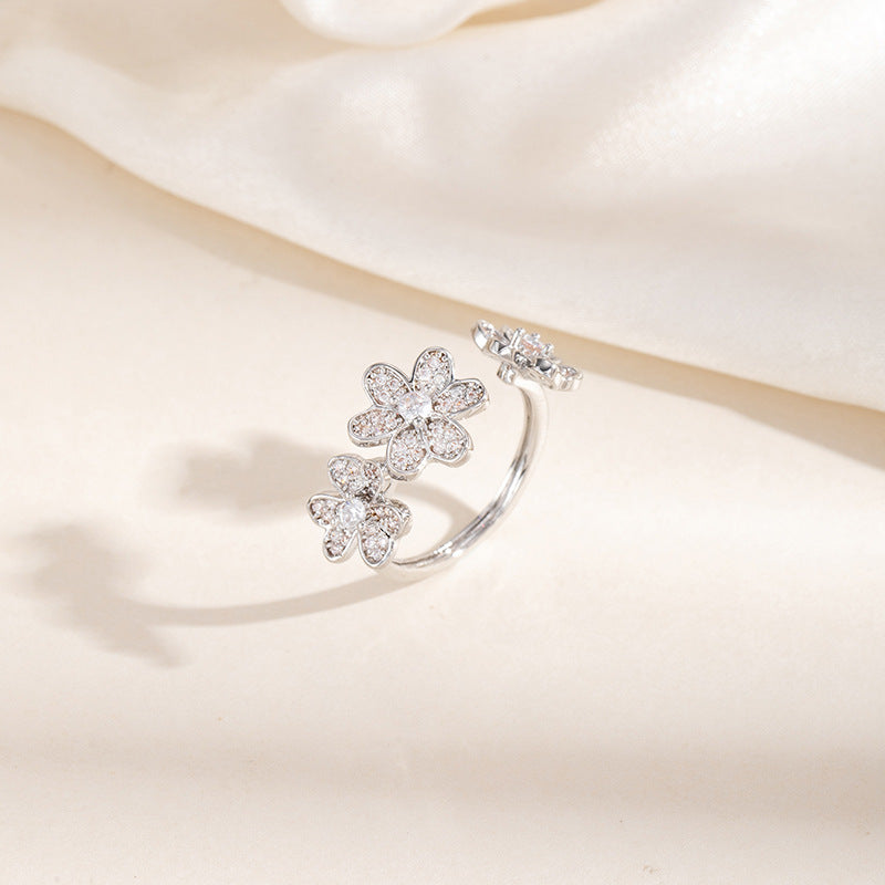 Three Flower Zirconia Open Bracelet For Women, 18K Gold, Six Flower Three-Leaf Zirconia Inlaid Bracelet, Open Bracelet
