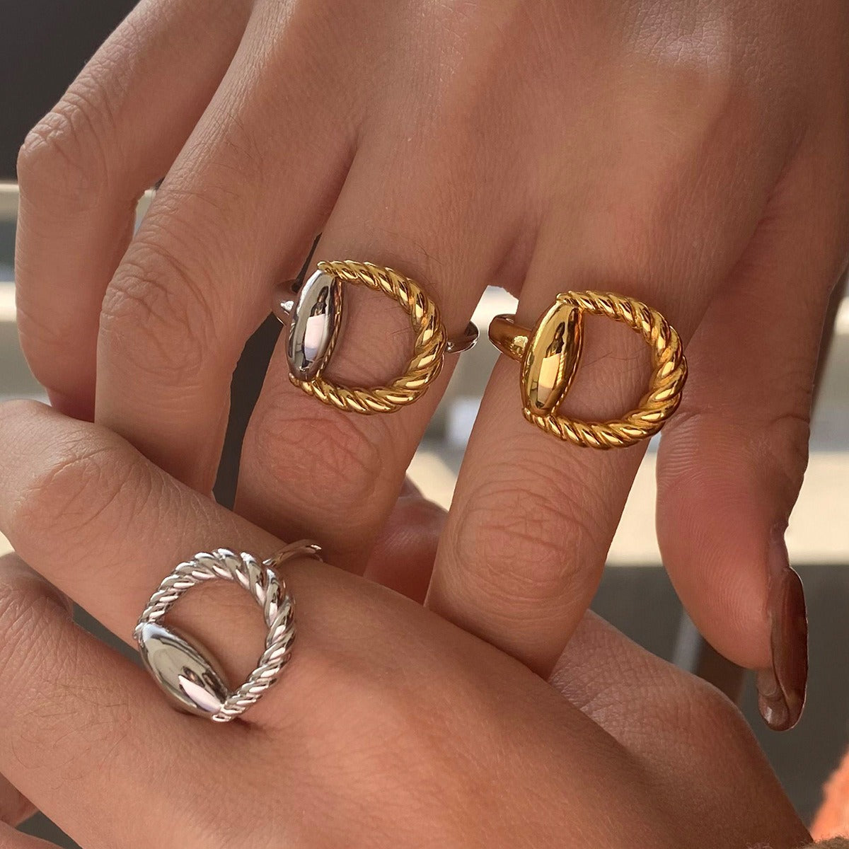 18K gold geometric shape with texture design trendy open ring