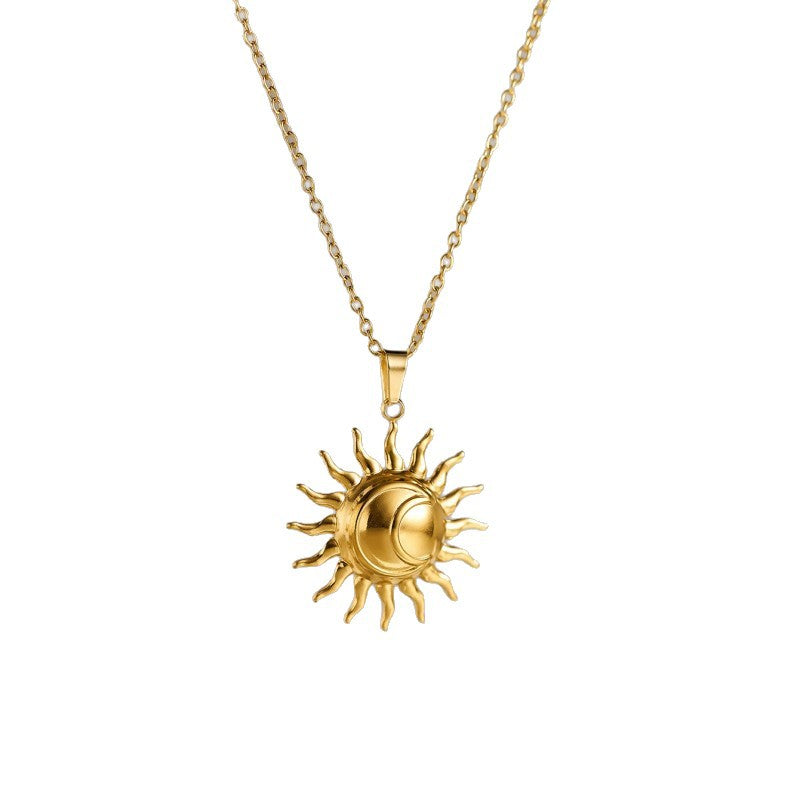Cross-Border Popular Stainless Steel Necklace With 18K Gold Plated Flower, Sun, Heart, Geometric Lines Pendant, Clavicle Chain Jewelry
