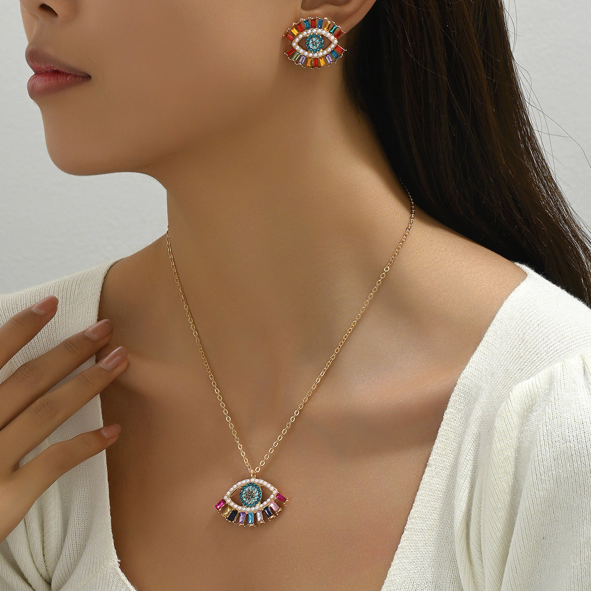 Ins Hip-hop Simple Style Necklace Earrings Women's Distinctive Angel Eye Design Diamond Earrings All-match Long Necklace
