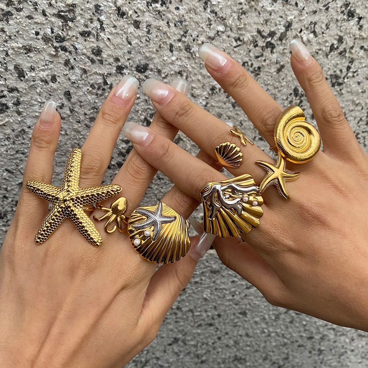 18K gold ocean element inlaid pearl design trendy unique earrings necklace bracelet ring set