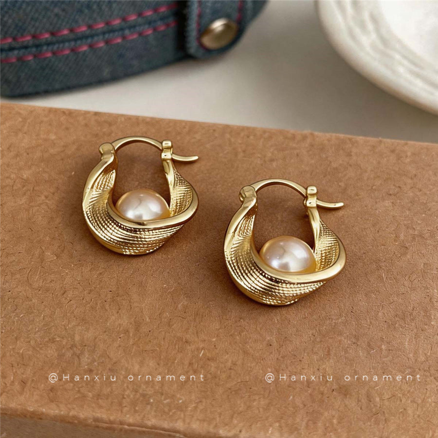 French Cream Style Pearl Silver Half  Huggie Earrings For Women, Elegant Delicate  Style Geometric Circle Ear Jewelry