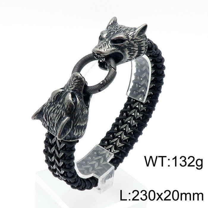 Titanium Steel Wolf Lion Skull Leather Bracelet