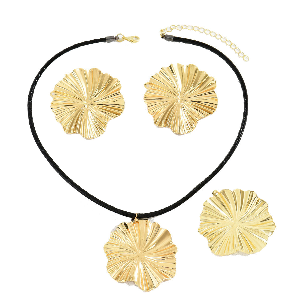Ins Vintage Niche Women's Earring Necklace Suit Pleated Pattern Flower Ring All-match Long Clavicle Chain