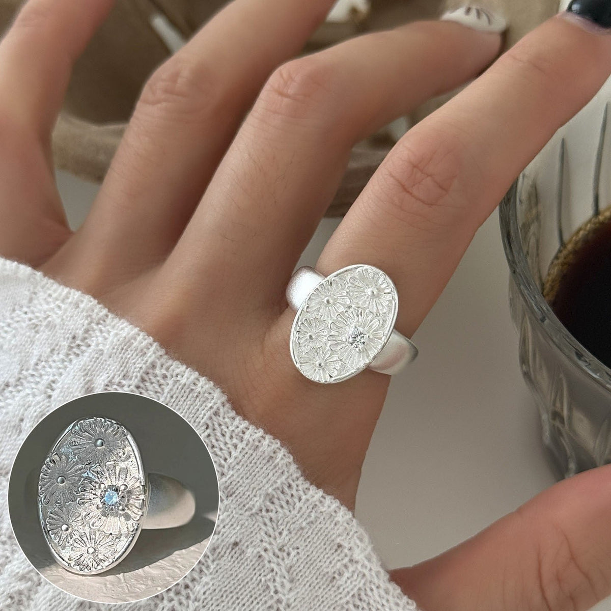 High Sense Star Open Ring For Women, INS Niche Brushed Texture Luxury Adjustable Index Finger Statement Ring
