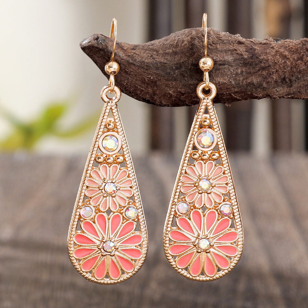 Metal Earrings Water-drop-shaped With Small Daisies Oil-drip Style