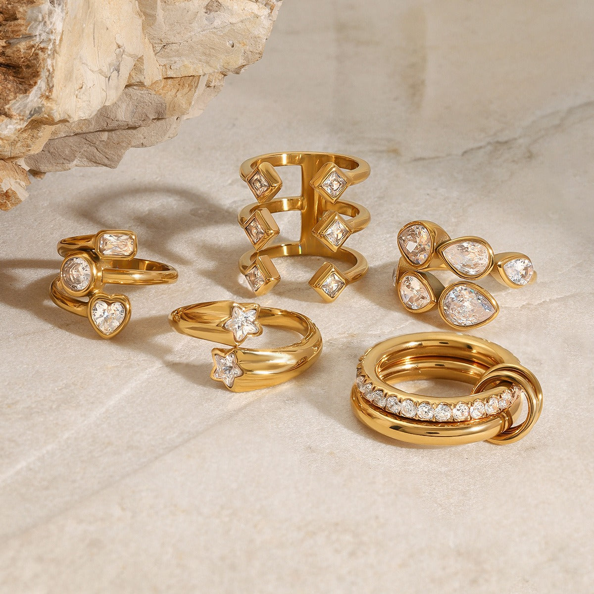 18K gold geometric inlaid gemstone design exquisite noble ring and earring set
