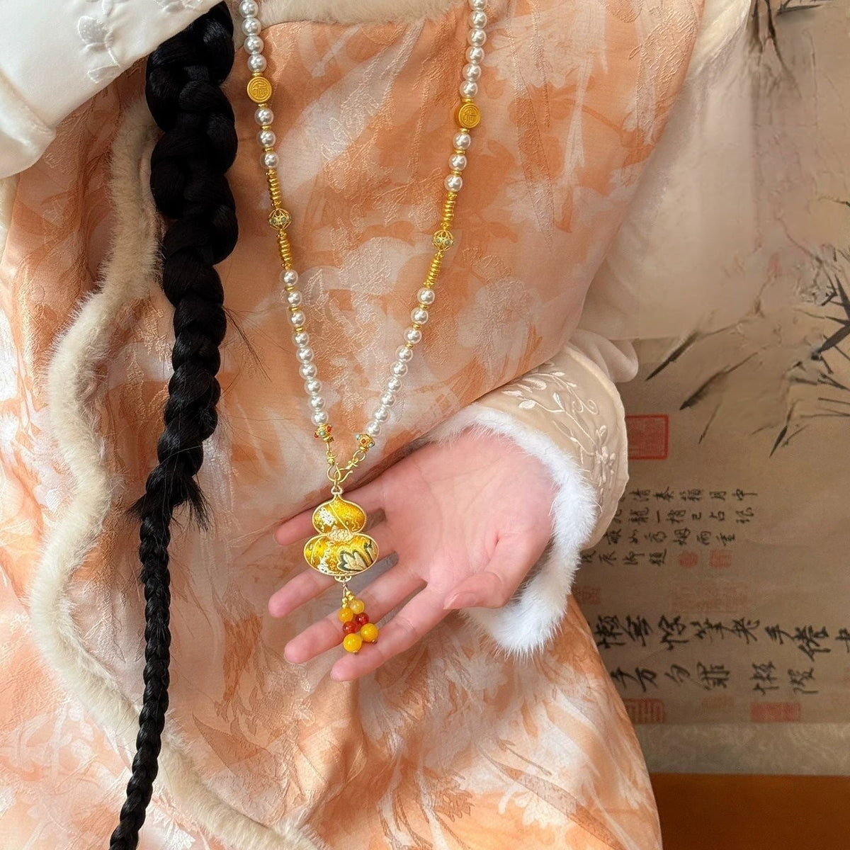 Chinese-style Song Brocade Double-sided Gourd Imitation Pearl New Chinese-style Necklace For Women, Long Ethnic-style Accessory For Cheongsam And Sweater