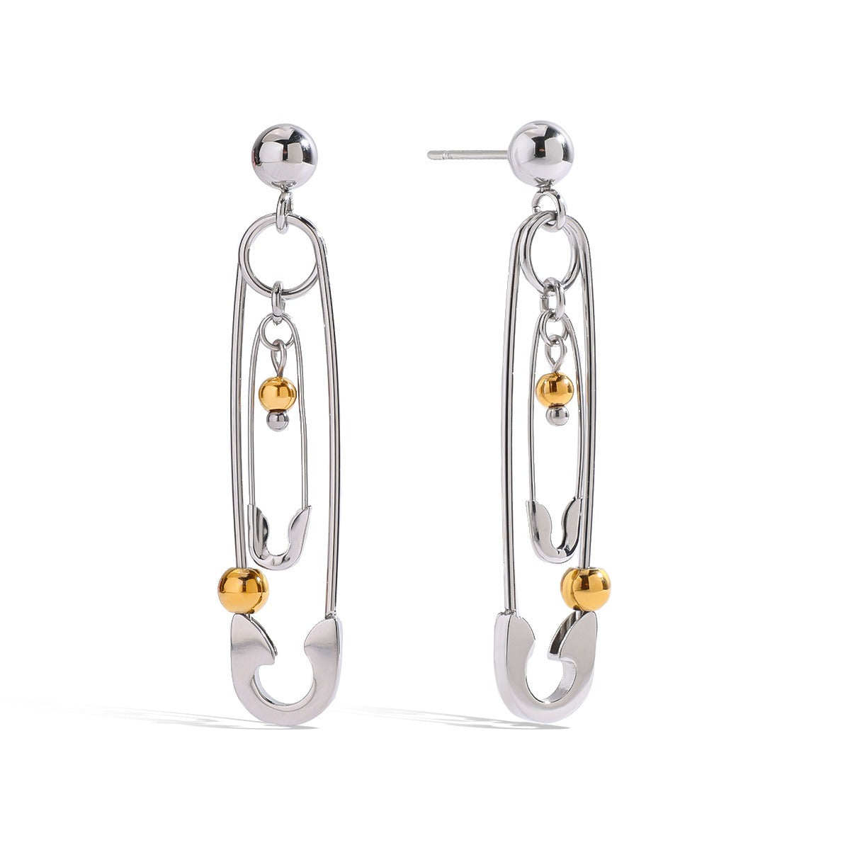 18K gold pin-shaped earrings with round beads, unique and personalized design