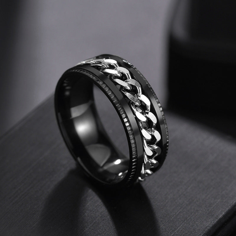 Stainless Steel Rotating Cuban Chain Spinner Ring For Men