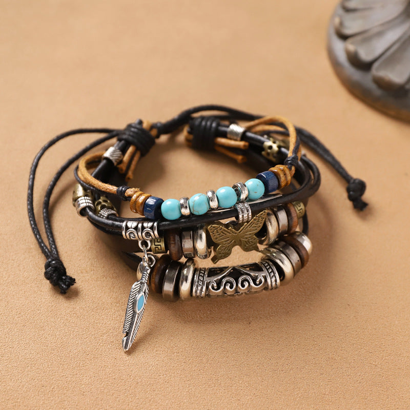Handmade Bohemian Exotic Style Bracelet Retro Ethnic Style Men's And Women's Woven Multi-layer Stacked Bracelet Niche Hand Rope