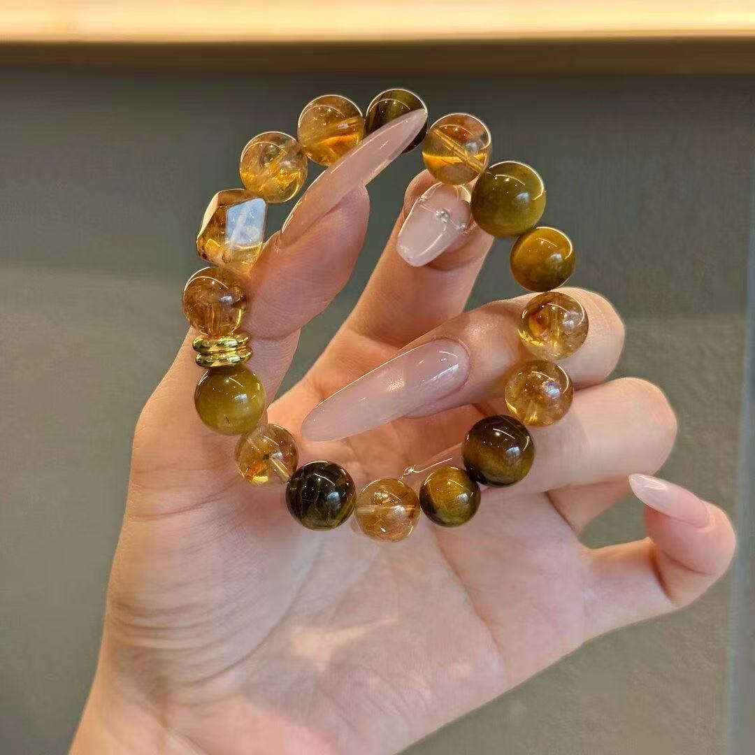 Natural Golden Rutilated Quartz  Smoky Quartz Bracelet Citrine Beaded Chain Wealth Energy Jewelry For Women