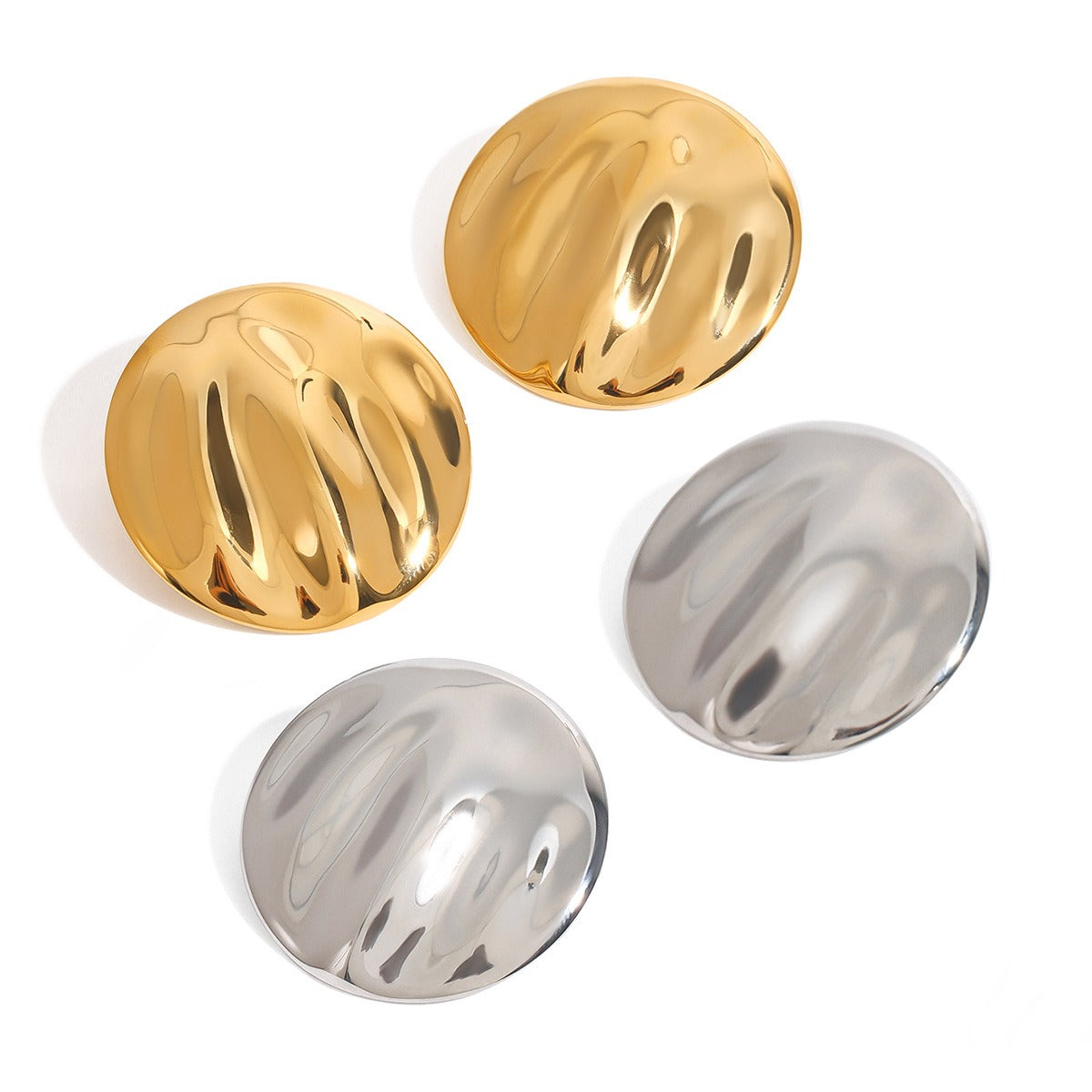 18K gold round earrings with textured design, simple and elegant