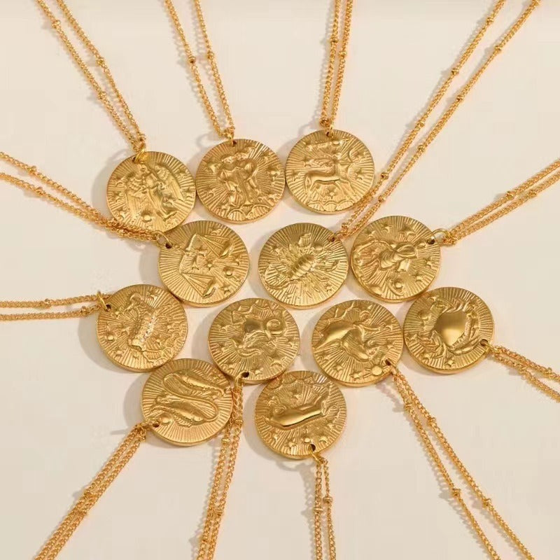 18k gold twelve zodiac necklace coin gold relief necklace