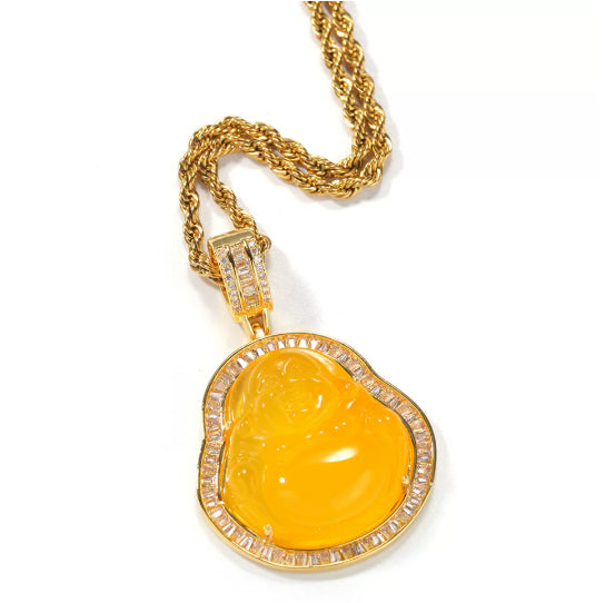 Hip Hop Glass Gold Inlay Buddha Pendant Necklace
