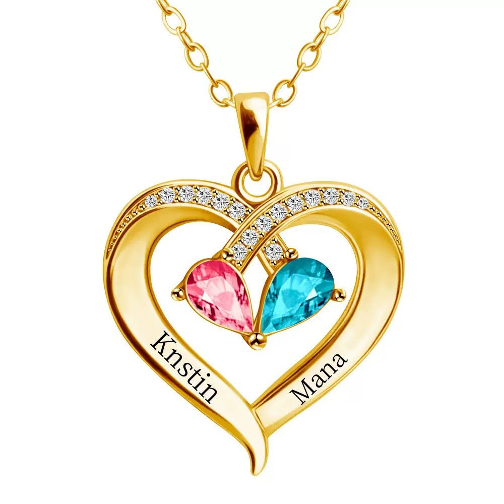 Elegant Double Name Heart Birthstone Necklace