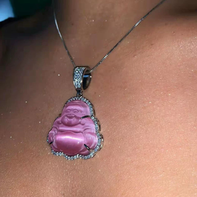 Hip Hop Glass Gold Inlay Buddha Pendant Necklace