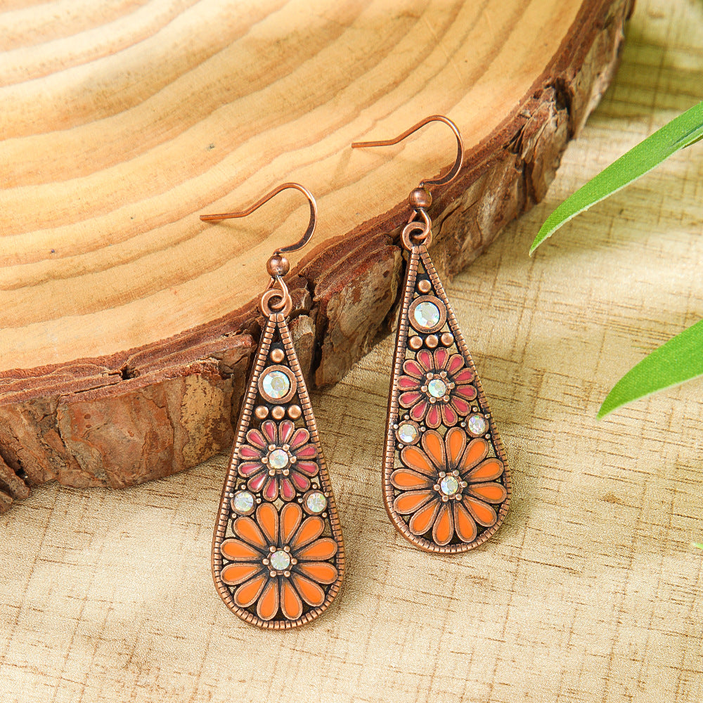 Metal Earrings Water-drop-shaped With Small Daisies Oil-drip Style