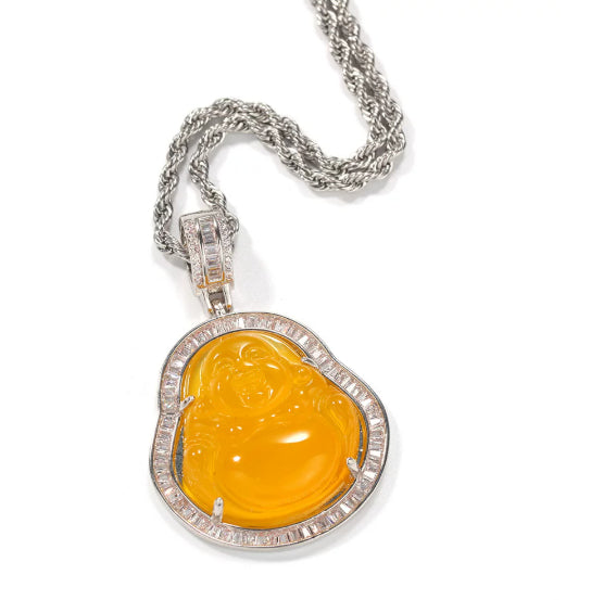 Hip Hop Glass Gold Inlay Buddha Pendant Necklace