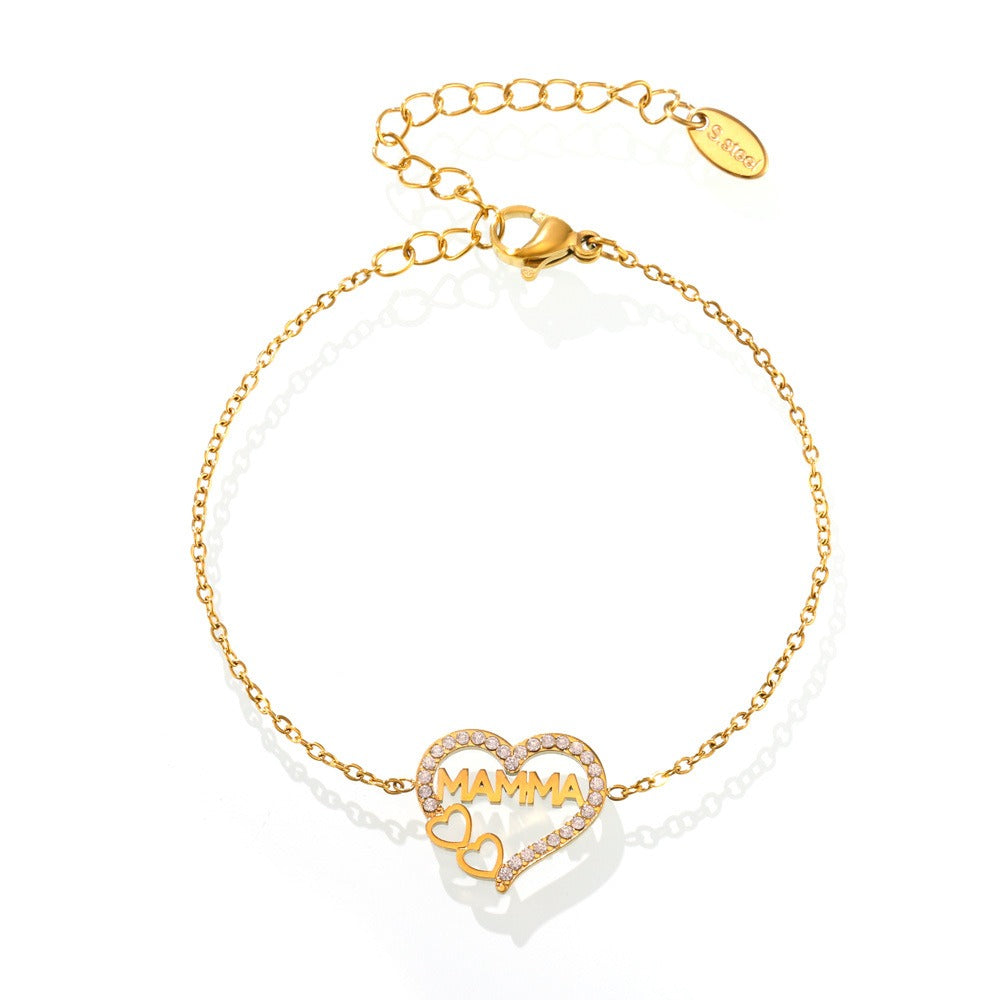 18K gold hollow heart with letter MAMMA design light luxury noble bracelet