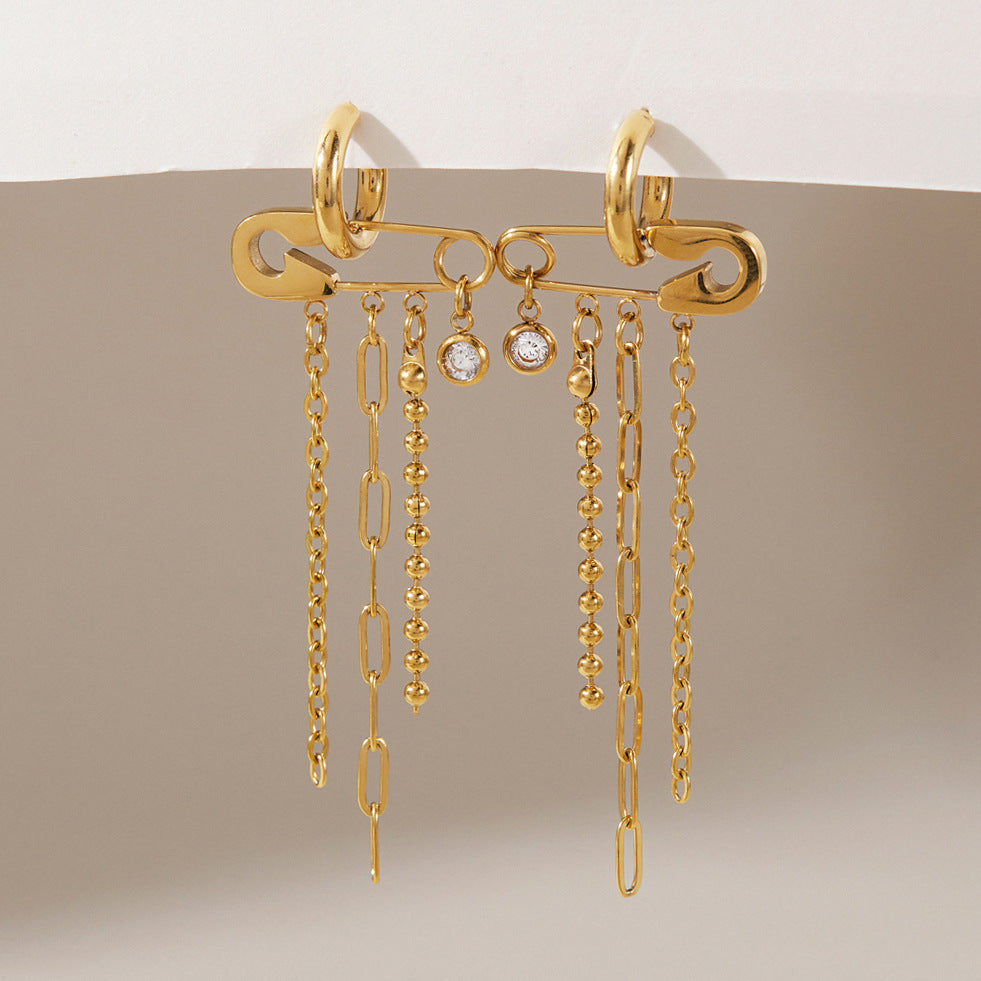 Safety Pin Chain Tassel Earrings