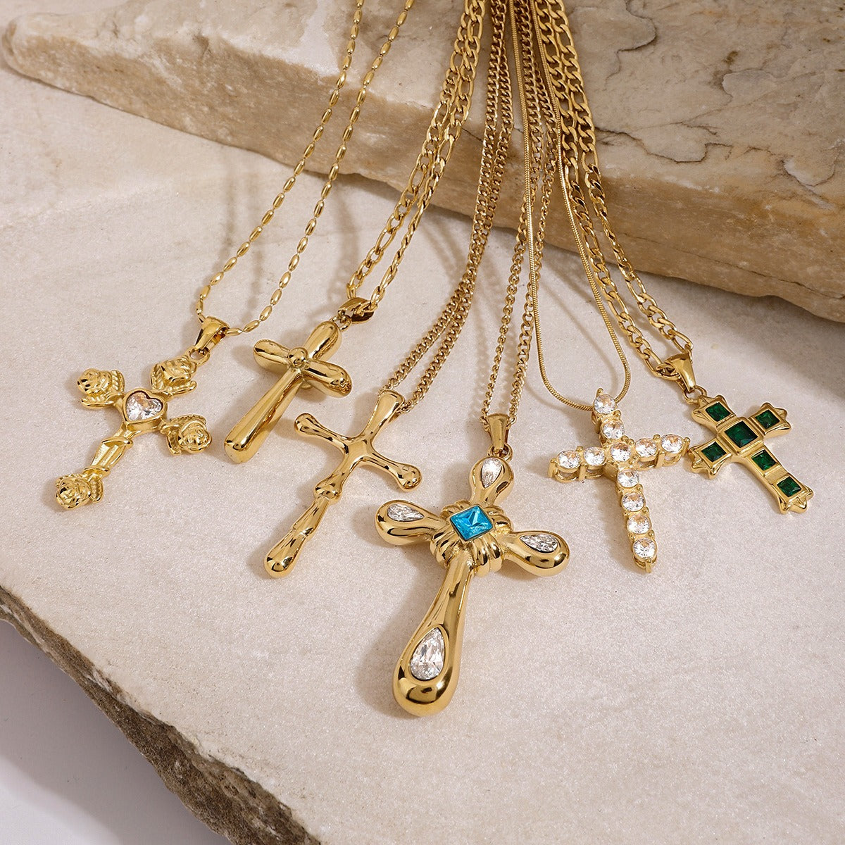 18K gold cross inlaid gemstone design exquisite and noble necklace