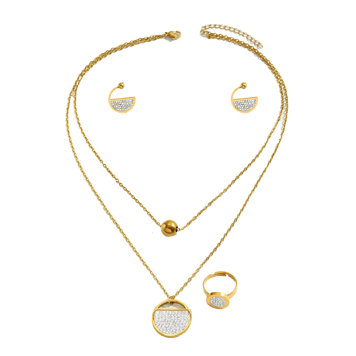 Ins Fresh Japanese-Korean Style Women's Ring Earrings Necklace Suit Distinctive Zircon Round Collarbone Chain All-match Bracelet