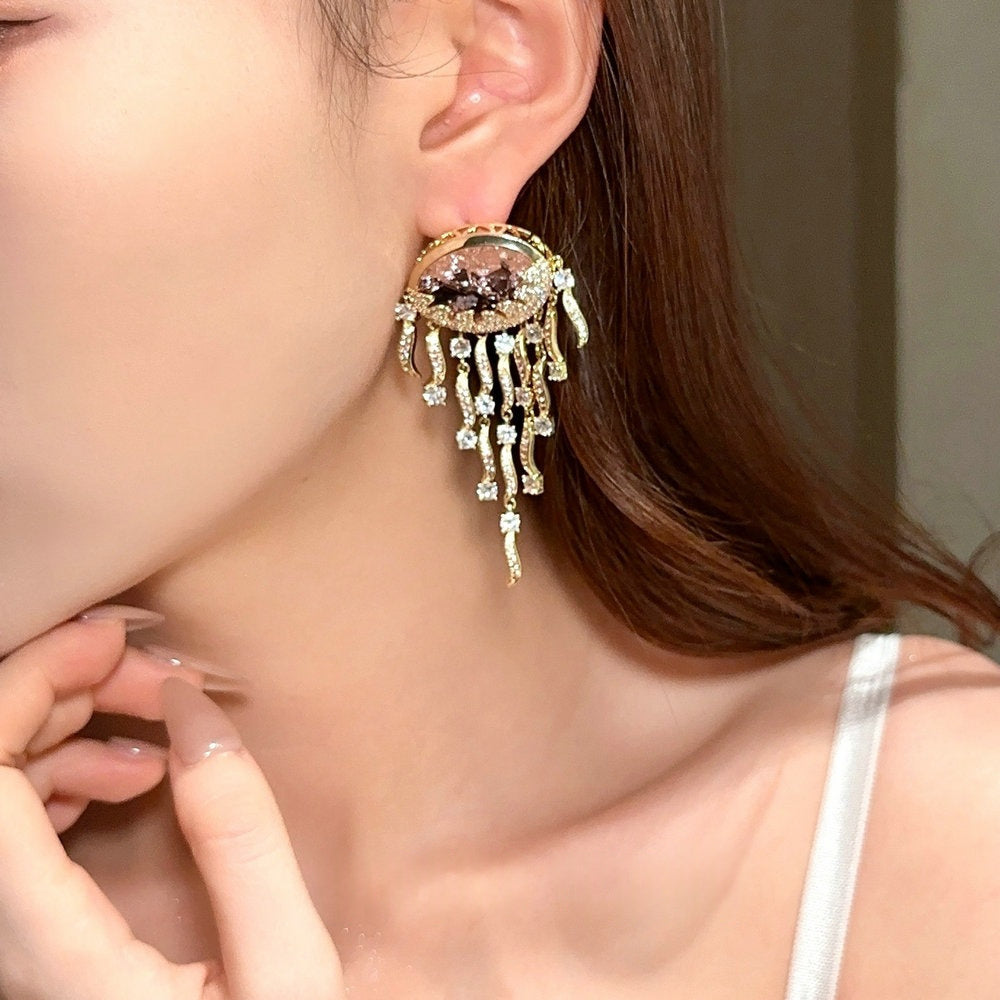 Jellyfish-Pattern Tassel Gemstone Earrings