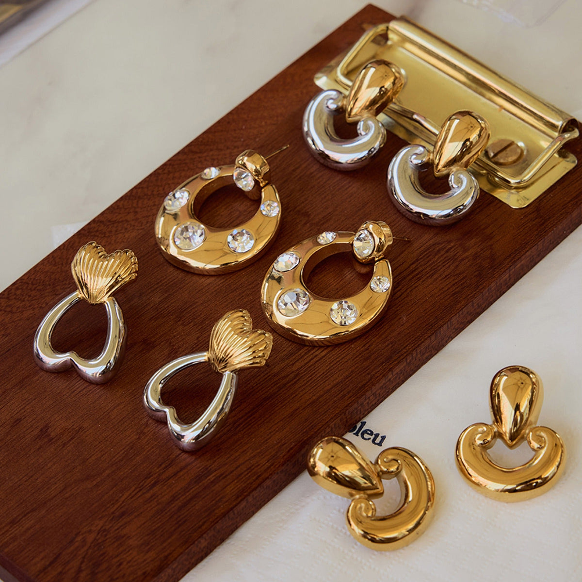 18K gold geometric inlaid gemstone design classic fashion earring ring set