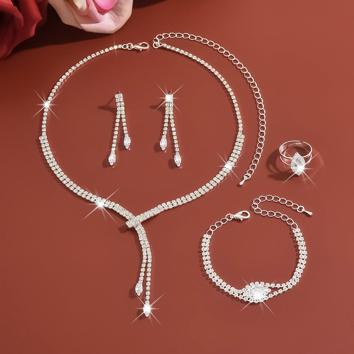 Cross-Border Environmentally Friendly Jewelry New Super Rhinestone Claw Chain Tassel Necklace Earrings Ring Bracelet Bridal Set Light Luxury