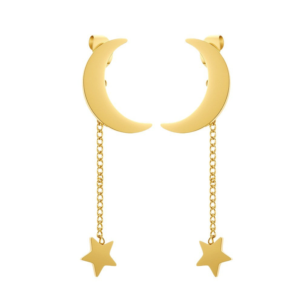 New Stainless Steel Tassel Earrings For Women, Minimalist Star Moon Stud Earrings, Fashion High-End Colorfast Ear Jewelry