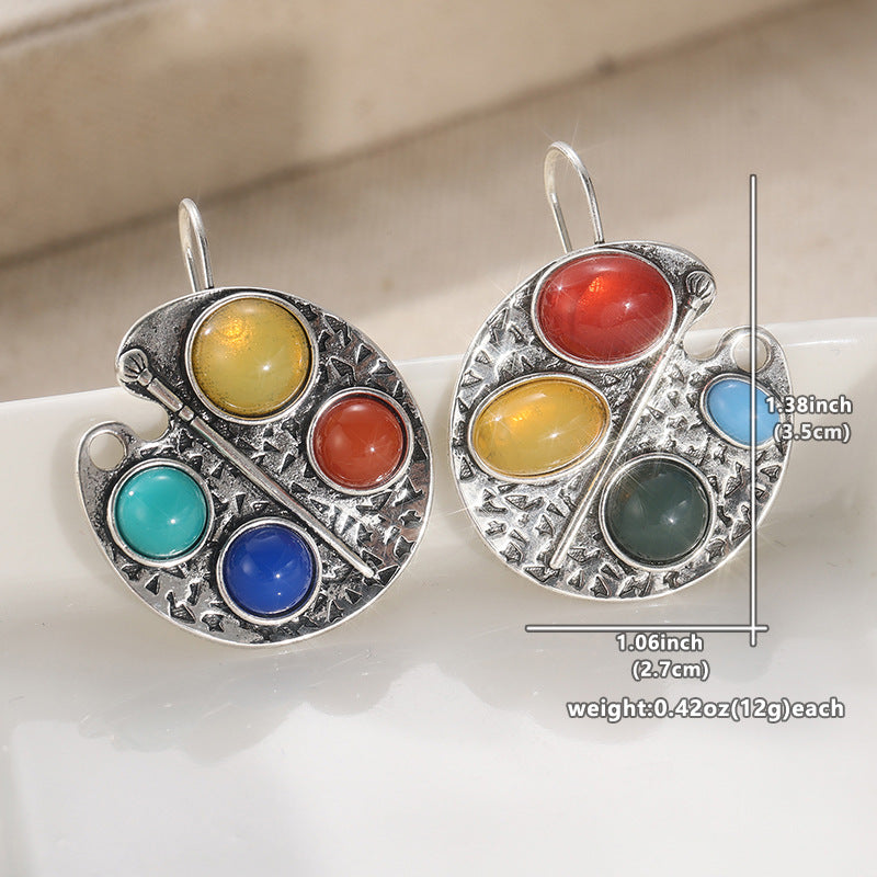 Vintage Colorful Stone Drop Earrings Silver Tone Brass Women Boho Festival Statement Fashion Jewelry Artistic