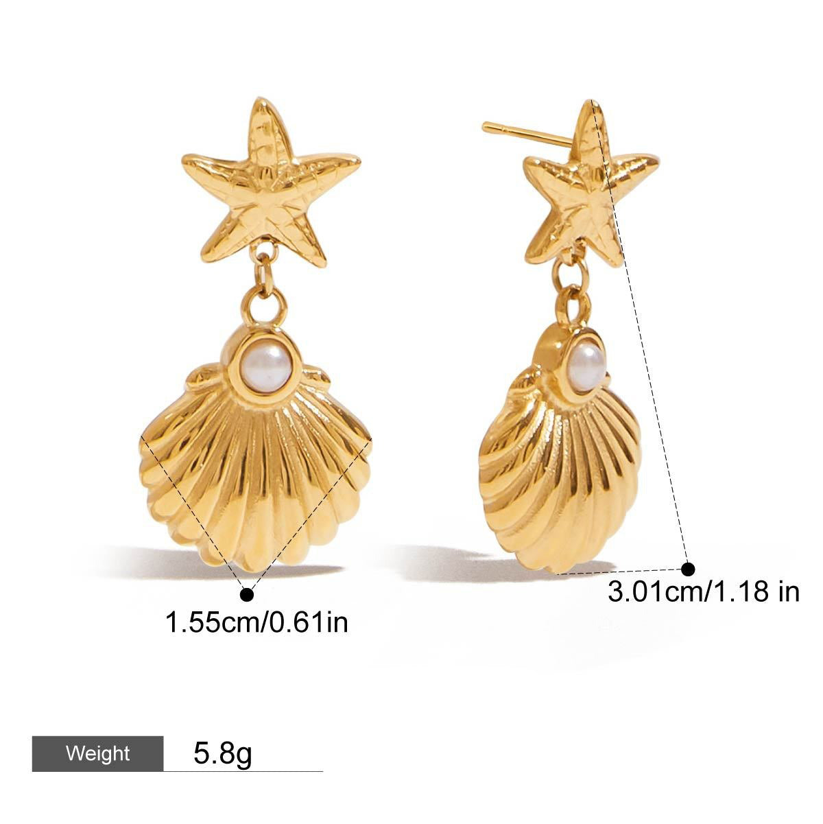 18K gold starfish and shell design ocean-style earrings