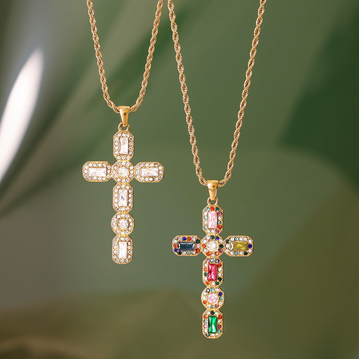 18K gold cross inlaid gemstone exquisite design dazzling necklace